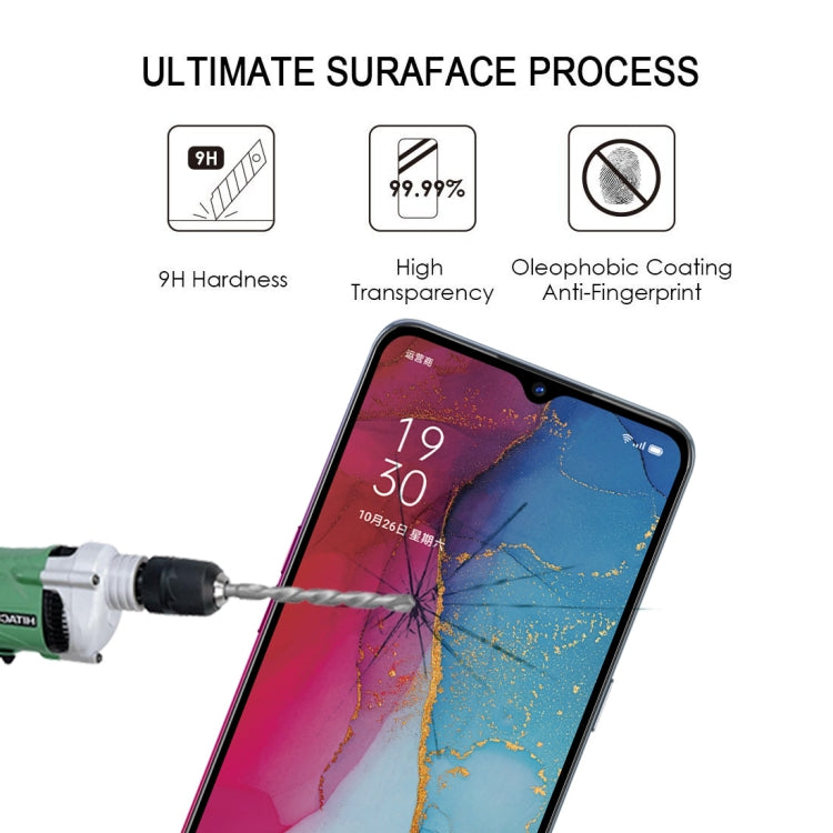 Tempered glass screen protector shown on a smartphone screen with hardness and coating icons