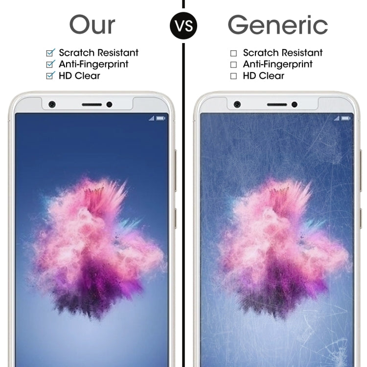 Tempered glass screen protector film shown on phone screens for Huawei P smart/Enjoy 7S