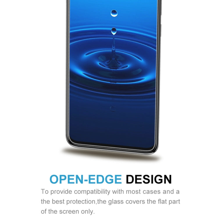 Tempered glass screen protector film covering flat screen area, open-edge design