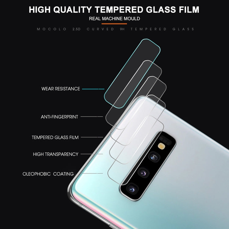 Tempered glass film pieces aligned over rear camera lenses on teal phone back