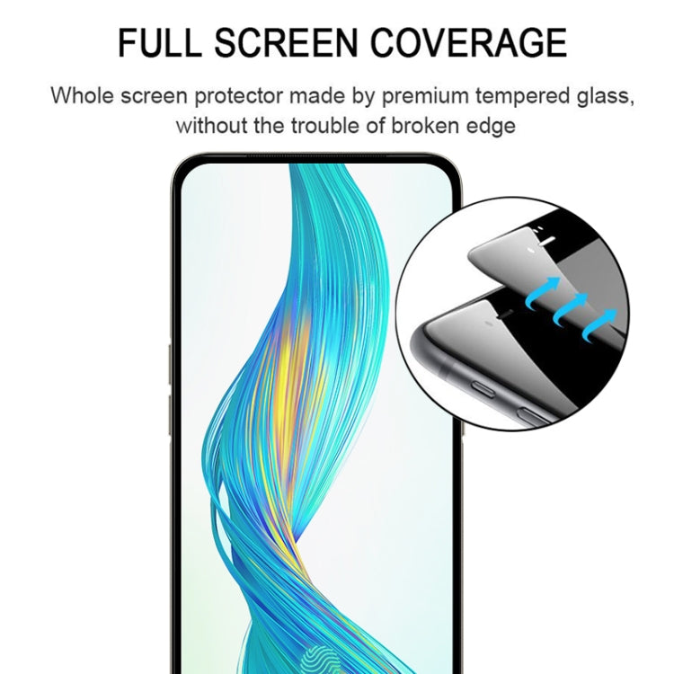 Full-screen tempered glass protector for smartphone display, clear cover with blue swirl graphic