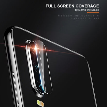 Clear curved rear camera lens protector film covering the rear camera module