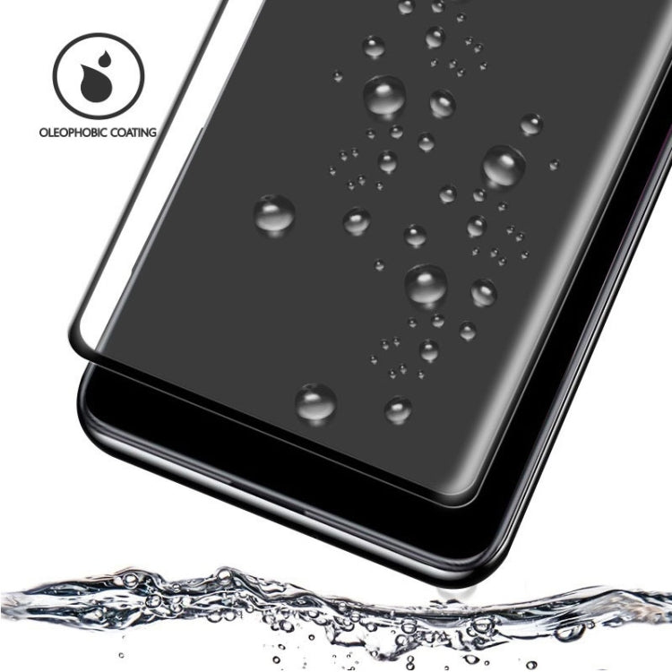 Glossy dark tempered glass screen protector with water-beading droplets visible