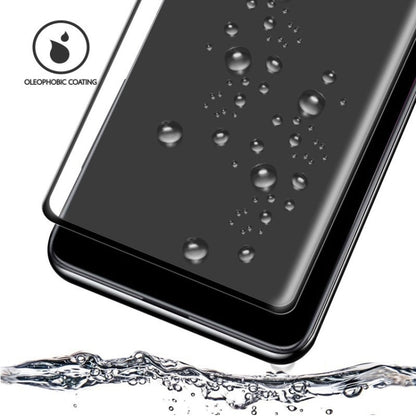 Tempered glass screen protector close-up with water droplets, oleophobic coating
