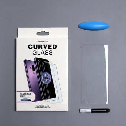 Curved glass screen protector retail box with installation tools and applicator