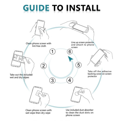 Tempered glass screen protector installation guide showing alignment and cleaning steps