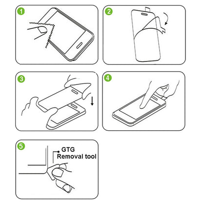 Screen protector installation guide icons: align, apply, and remove the liner