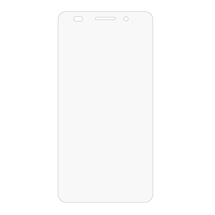 Tempered glass screen protector, clear rounded rectangle with cutouts for speaker and sensors