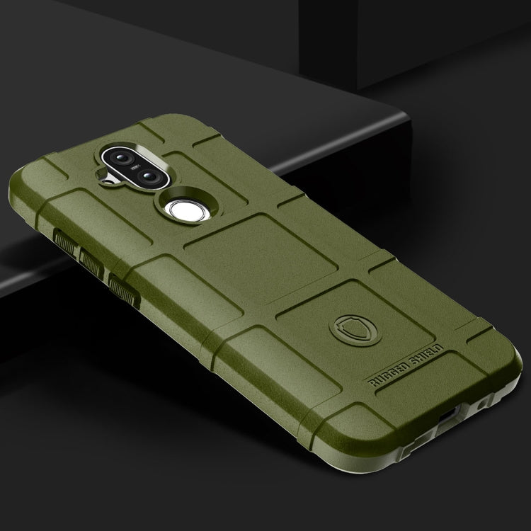 Army green rugged silicone phone case for Nokia 8.1 / X7, angled view