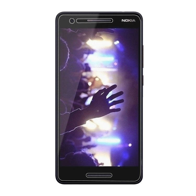 Tempered glass screen protector film for Nokia 2.1, front view on phone screen