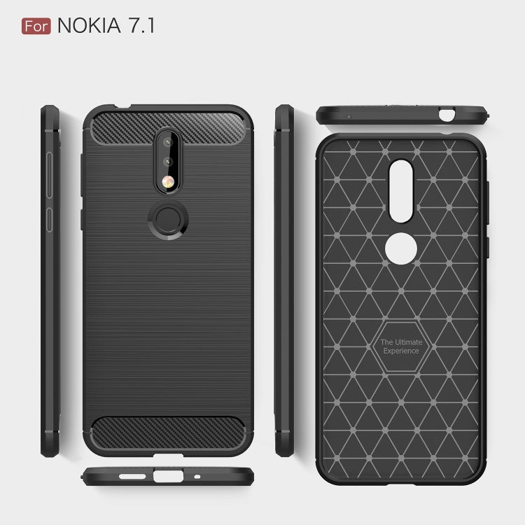 Brushed carbon fiber TPU phone case, showing front, back, and side profiles with textured edges