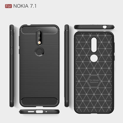 Brushed carbon fiber TPU phone case, showing front, back, and side profiles with textured edges