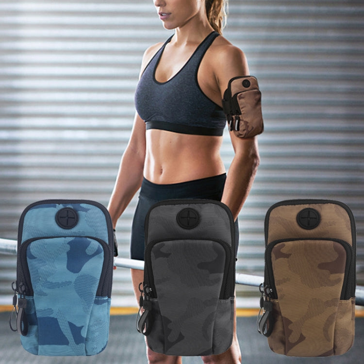 Waterproof sports armband phone bag set with blue, gray, and camo designs