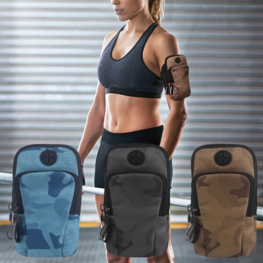 Waterproof sports armband phone bag set with blue, gray, and camo designs