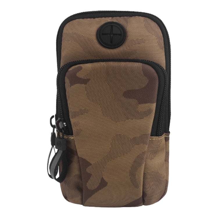 Waterproof armband phone bag with brown camo pattern and adjustable strap
