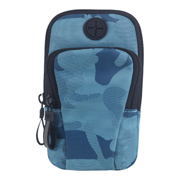 Waterproof armband phone bag with blue camo pattern and adjustable strap