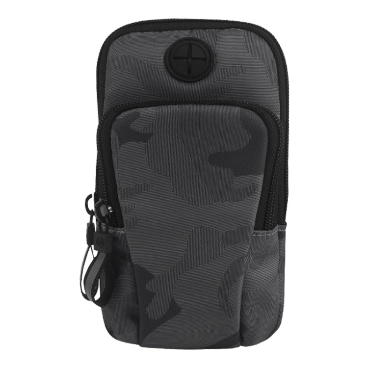 Waterproof armband phone bag with dark gray camo pattern and adjustable strap