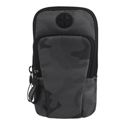Waterproof armband phone bag with dark gray camo pattern and adjustable strap