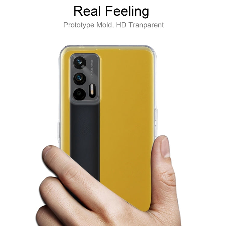 Ultra-thin transparent TPU phone case with smooth back and camera cutout, held in hand