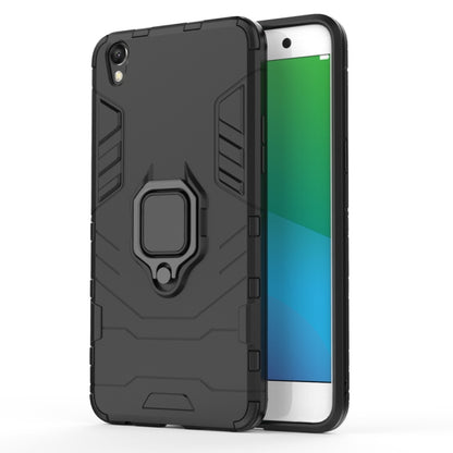 Black shockproof phone case with magnetic ring holder, textured rugged design