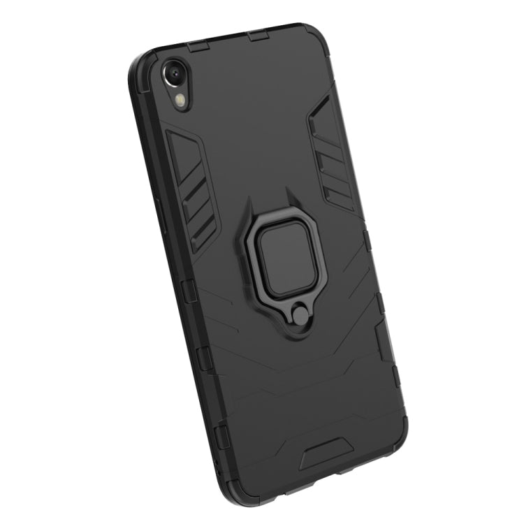 Black rugged phone case with magnetic ring holder on back