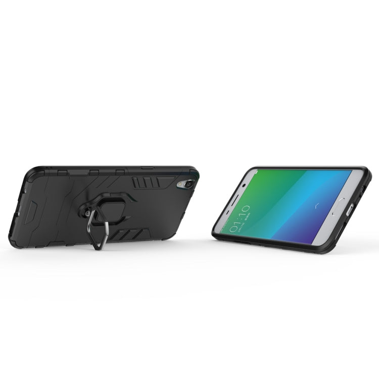 Black rugged phone case with magnetic ring holder and kickstand on back