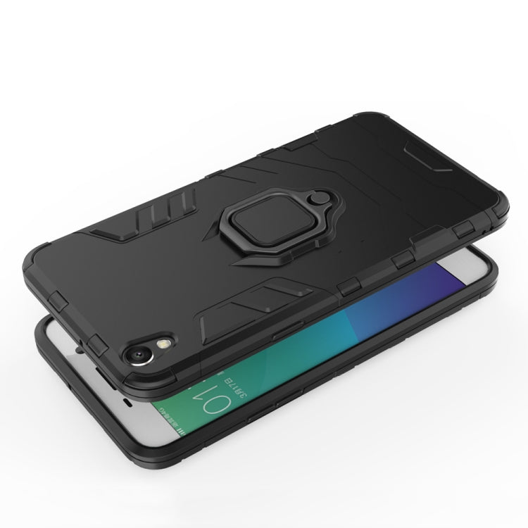 Black protective phone case with magnetic ring holder, rugged armor texture