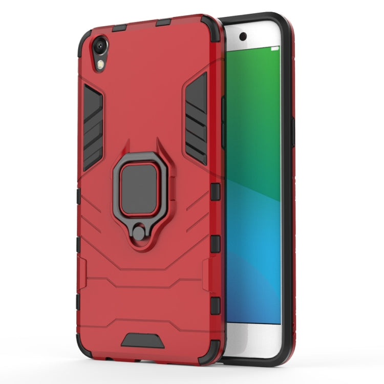 Red shockproof phone case with magnetic ring holder and rugged armor texture
