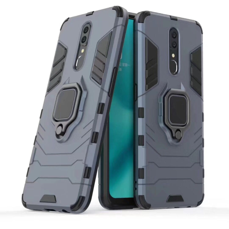 Shockproof phone case with magnetic ring holder, gray rugged TPU/PC with raised edges.