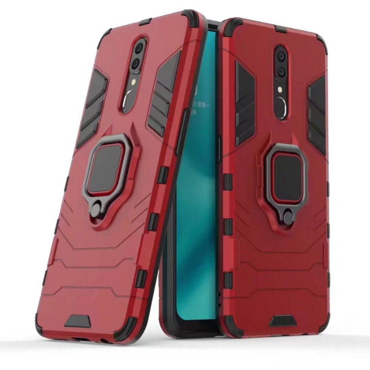 Shockproof phone case with magnetic ring holder, red rugged TPU/PC design.