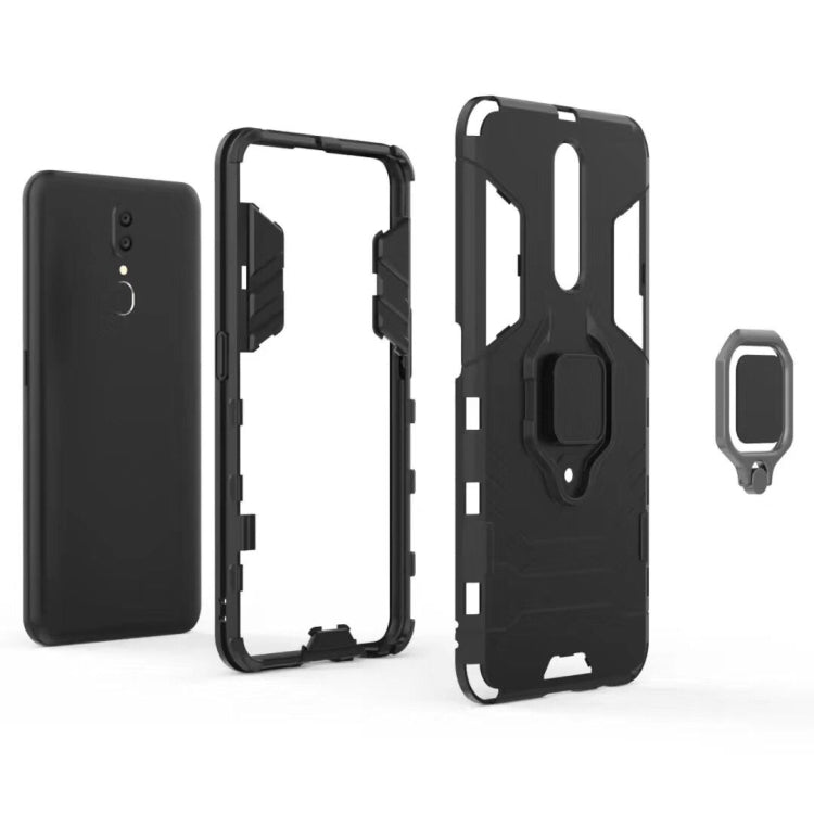 Shockproof phone case with magnetic ring holder, black rugged shell and separate mount.