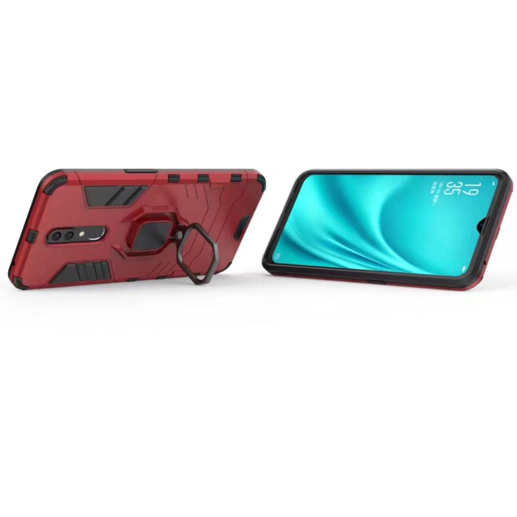 Rugged shockproof phone case with magnetic ring holder, red with screen-side cutouts.