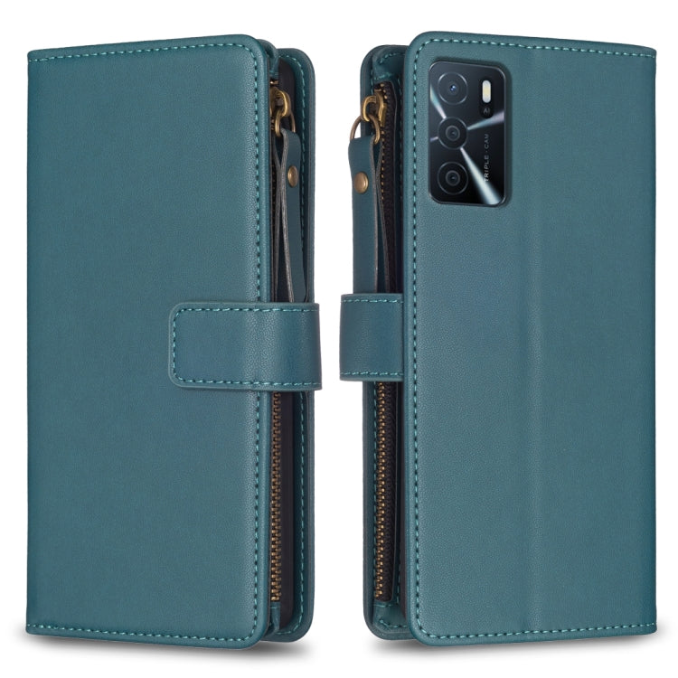 Blue leather flip wallet phone case with zipper and front card holder strap.