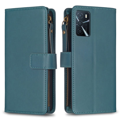 Blue leather flip wallet phone case with zipper and front card holder strap.