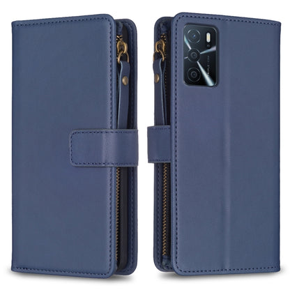 Blue leather flip wallet phone case with magnetic strap and zipper closure