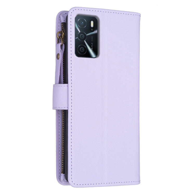 Light purple leather flip wallet phone case with zipper and camera cutout.
