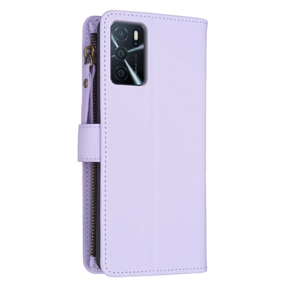 Light purple leather flip wallet phone case with zipper and camera cutout.