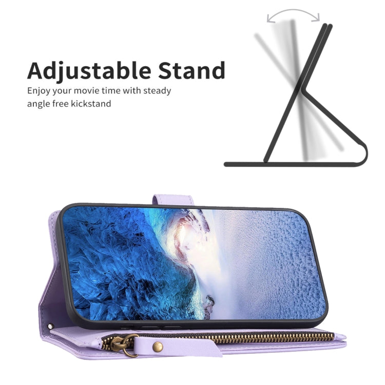 Purple leather wallet phone case with zipper and built-in kickstand, open interior.