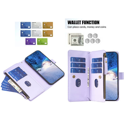 Light purple leather wallet phone case with zipper, open card slots and coin pocket.