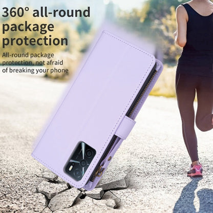 Lavender leather flip wallet phone case with zipper and kickstand support.