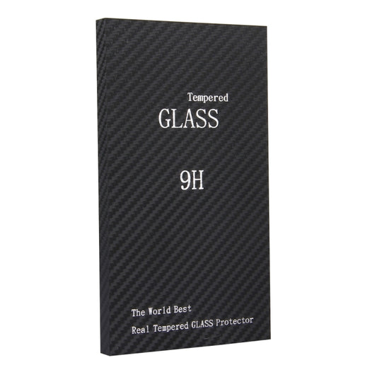 Tempered glass screen protector box in black carbon-fiber style with 9H rating