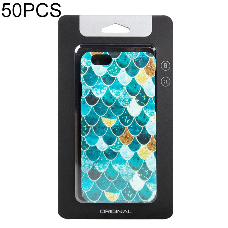 Kraft paper phone case package box with black backing and plastic window, turquoise design