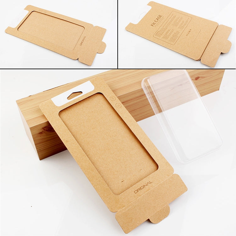 Kraft paper phone case package box with tan backing and clear plastic window, cutout hole