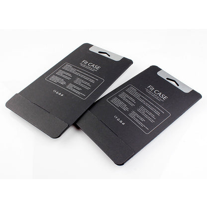 Two black phone case packaging cards with cutout tabs and printed information panels