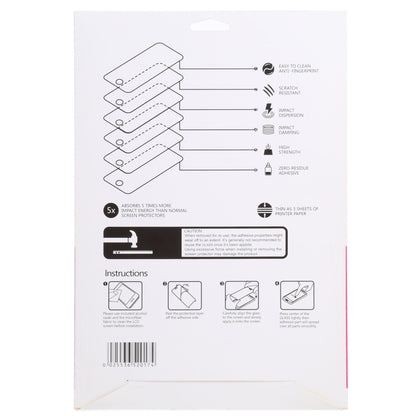 14-inch tempered glass screen protector package back with protection feature icons and steps