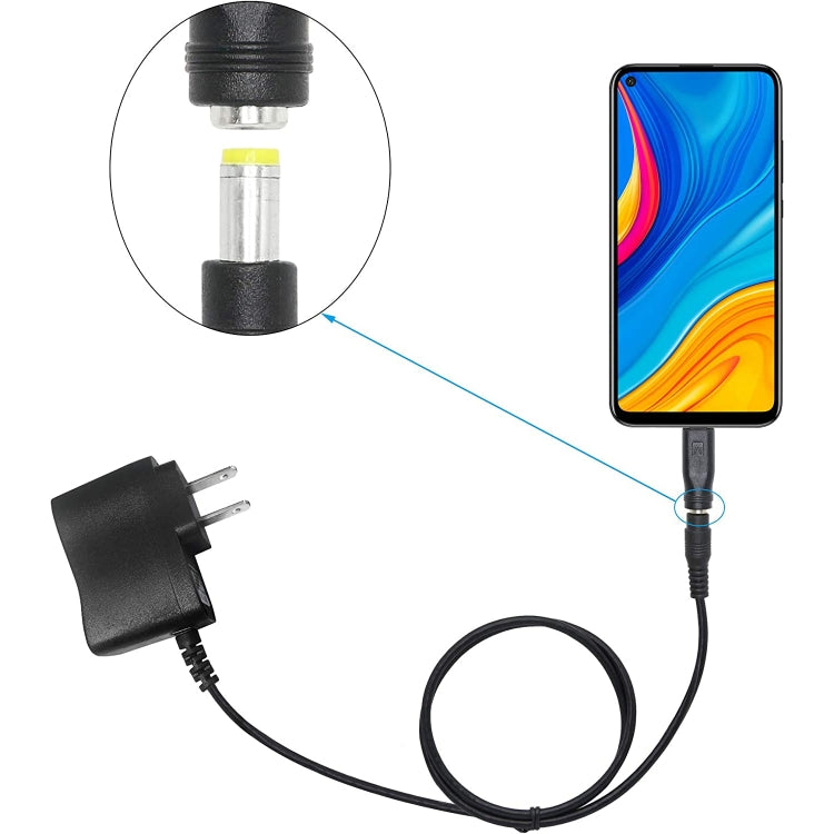 Black power converter cable with Micro USB male plug and DC 5.5mm barrel female connector