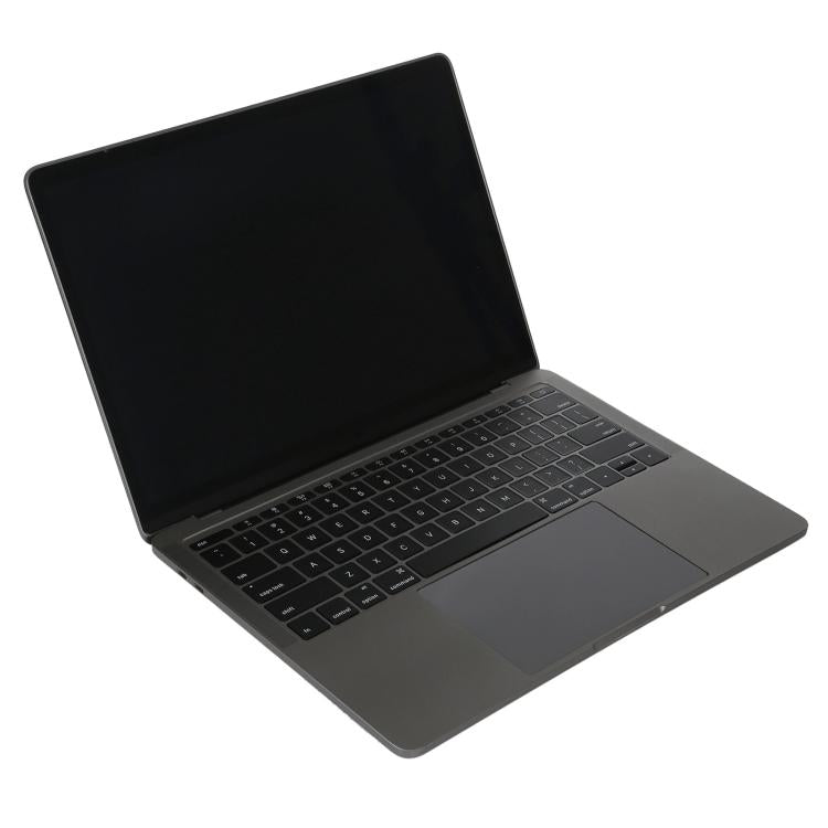 MacBook Pro-style dummy laptop, open with dark screen and dark grey keyboard deck