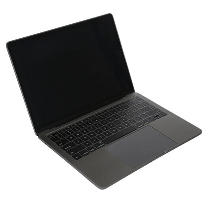MacBook Pro-style dummy laptop, open with dark screen and dark grey keyboard deck