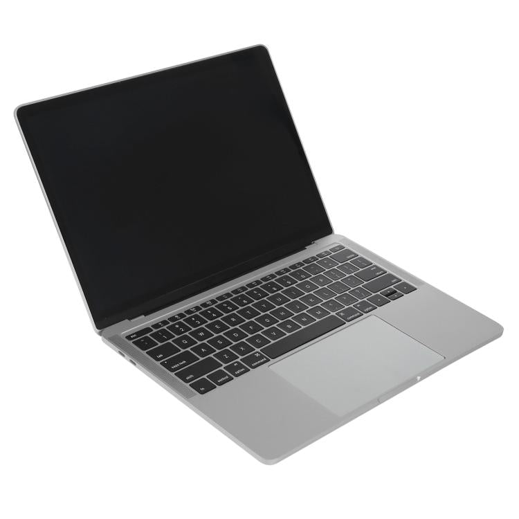 MacBook Pro-style dummy laptop, open with dark screen and silver keyboard deck