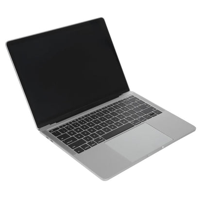 MacBook Pro-style dummy laptop, open with dark screen and silver keyboard deck